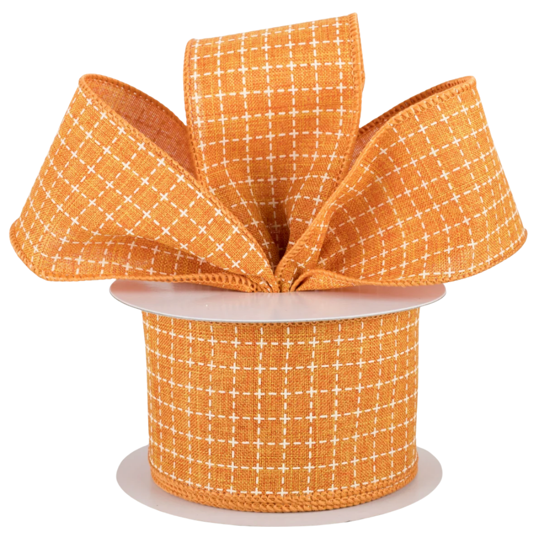 Pumpkin Orange Stitched Squares Ribbon
