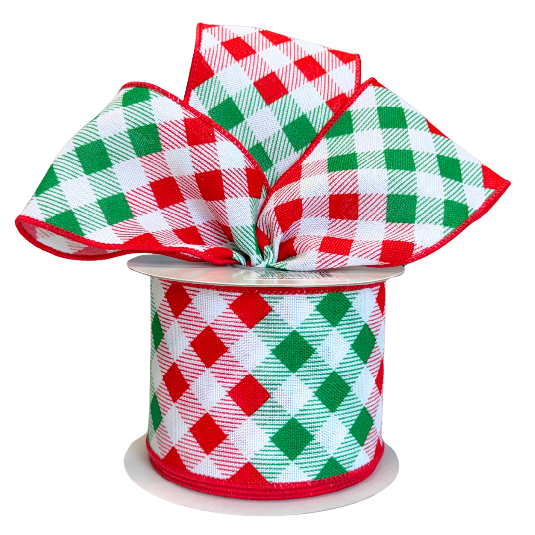White, Red, & Emerald Diagonal Check Ribbon