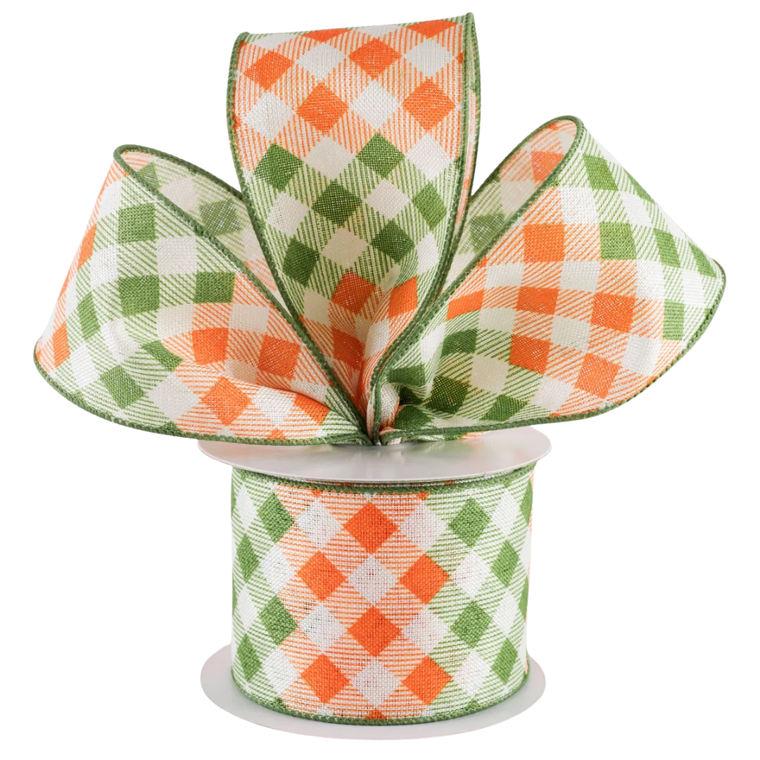 Orange & Moss Green Diagonal Check Ribbon